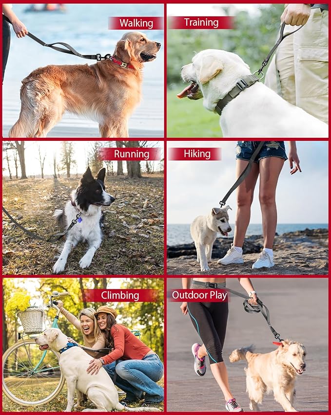 Hands Free Dog Leash, 5.1-8.9Ft Crossbody Long Leash, Waist Dog Belt for Small & Medium Dogs, City Walking & Running Outdoor Hiking &Travel etc. (Black)