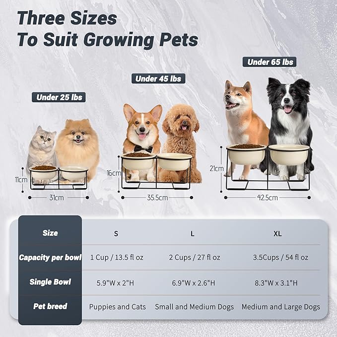 Ceramic Elevated Dog Bowl Set - Raised Food and Water Bowls with Metal Stand - Double Pet Dishes for Small and Medium Dogs - 2 Cups - 27 fl oz - Beige