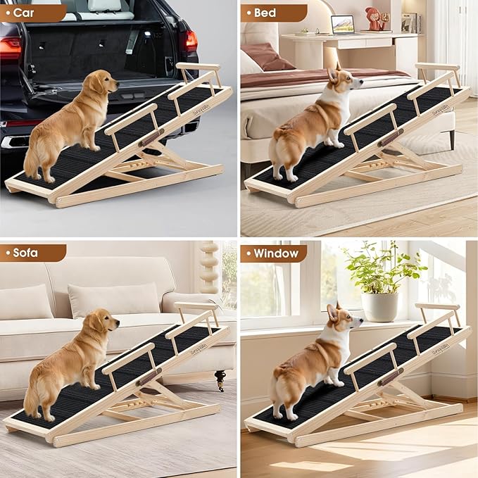 Dog Ramp for Bed - 52.9" Long Adjustable 12" to 28" Wooden Pet Ramp for Small Large Older Dogs - Dog Ramps for High Beds Couch Car - Dog Steps with High Traction Mat & Safety Side Rails Up to 250LB