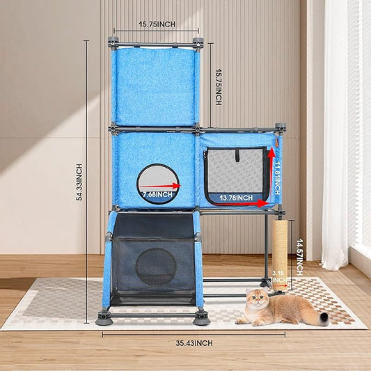 Large Cat Hamock Bed with Scratching Post – Multi-Level Cat Tree with House Condos & Ladder for Indoor/Outdoor Use+Blue/Three-Tier