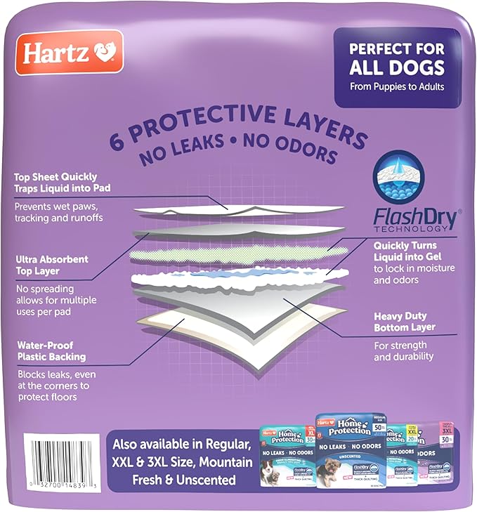 Hartz Home Protection Super Absorbent Odor Eliminating Lavender Scented No Leak Dog Pads,XL 30 count