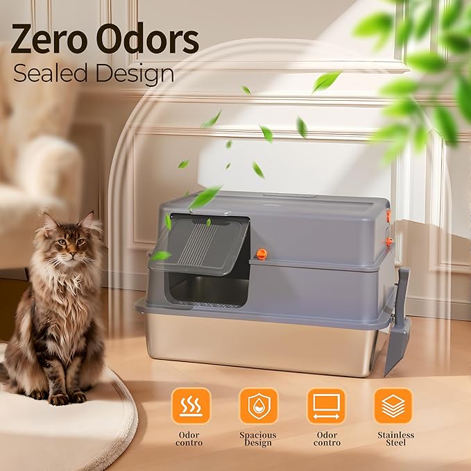 Enclosed XXXXL Stainless Steel Litter Box, 28" L x 20" W x 17" H, Side Entry Extra Large Metal Cat Litter Box with Lid for Big & Multiple Cats, Removable Enclosure, Anti-Leakage,Easy to Clean