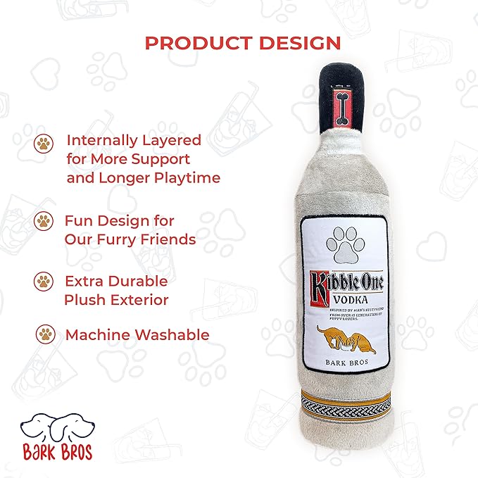 Bark Bros - Liquor Bottle Dog Toy - Plush Squeaky Dog Toys Funny Drink Parody - Alcohol Dog Toy - Dog Birthday Toy - Cute Dog Toys - Puppy Gifts - Puppy Stuff - Dog Stuff (Large, Kibble One)