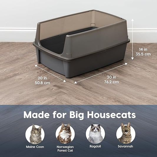 IRIS USA XX-Large Open Top Cat Litter Box with High Sided Walls Tall Scatter Shield Scoop Included Easy Clean Plastic Pan for Big Cats Kittens Multi-Cat Households 30" L x 20" W x 14" H Gray
