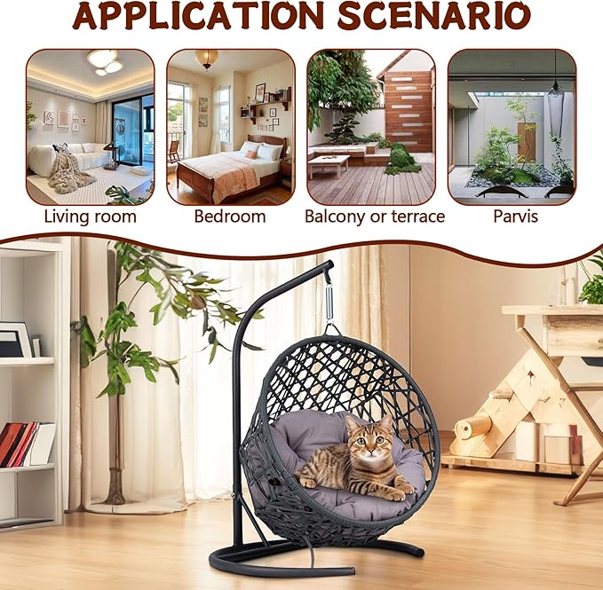 Anwick Cat Swing Bed with Stand & Cushion Indoor Outdoor, Egg Chair with Rattan Wicker Appearance, Indoor Hanging Swinging Hammocks for Cat, Dogs, and Small Animals Bedroom Porch (Gray-2)