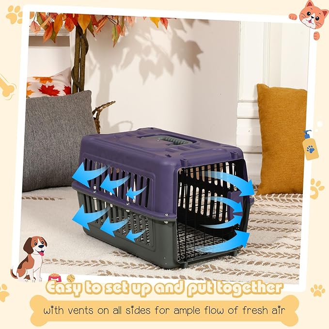 2 Set Travel Pet Carriers for Small Cat Dog Plastic Hard Shell Carrier Cat with Bowl Wire Door Grille Mat Portable Breathable Security Lock Puppy Kennel for Travel Airline, 17.5", up to 13lbs(Purple)