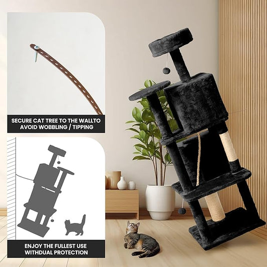 58in Large Cat Tree Tower for Indoor Cats with Soft Plush Hang Ball, Two Condos, Sisal Scratch Posts & Rope Play for Kittens/Adult Cats, Black