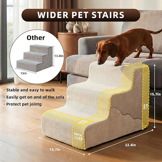 Pet Dog Stairs for Small Dogs, 2 in 1 Transformable 3-Step Pet Stairs and Wave Anti-Fall Slope for Short Legs and Long Legs Dog, for Couch (12-19 in) with Durable Non-Slip Waterproof Cover(Beige)