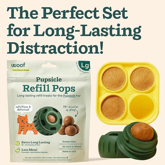 WOOF Starter Pack - Interactive Dog Ball Toy for Boredom - Dog Treat Molds Silicone - Chicken-Flavored Healthy Treats for Dogs - Pupsicle Doggy Enrichment Toy - for Large Pups - 25-75 lbs