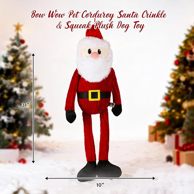 Bow Wow Pet Corduroy Santa Crinkle & Squeak Plush Dog Toy, X-Large