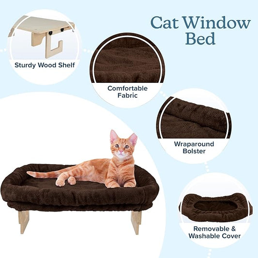 Cat Bed for Window Sill - Cat Window Perch with Bolster and Removable Washable Cover - Window Hammock with Sturdy Wood Frame for Large Cats - Pet Beds for Indoor Cats by PETMAKER (Brown)