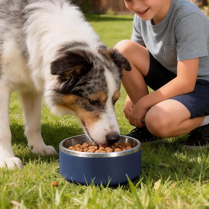 Dog Bowl, Stainless Steel Dog Bowls for Food and Water, Metal Pet Feeding Bowl with Insulated Non-Slip Quiet Bottom, Easy to Clean, Dishwasher Safe, 64oz,8 Cup | Navy