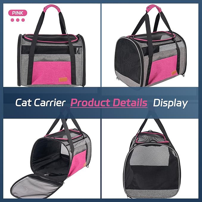Large Cat Carrier for 20 lbs Pets - Soft Sided Breathable Mesh Travel Carrier, Airline Approved, Washable for Small Dogs Puppies, Foldable, Pink