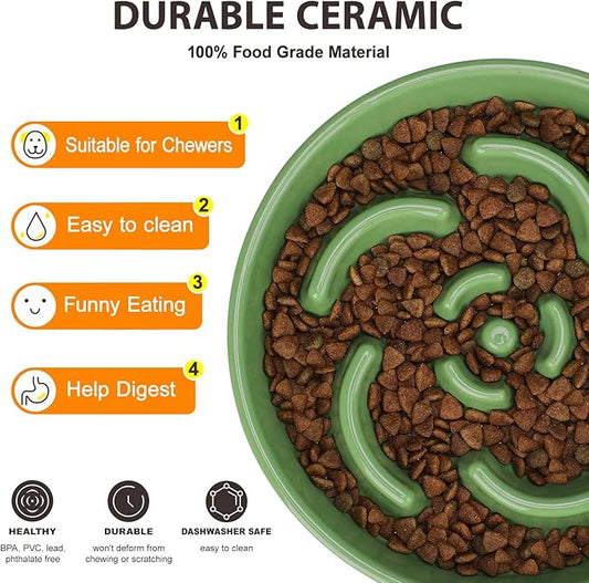 Slow Feeder Dog Bowl, Ceramic 8.3 inch Dog Food Bowls for Small, Medium, and Large Breed, Anti-Slip Maze Puzzle Food Dish to Slow Down Eating (Green, 8.3 inch)