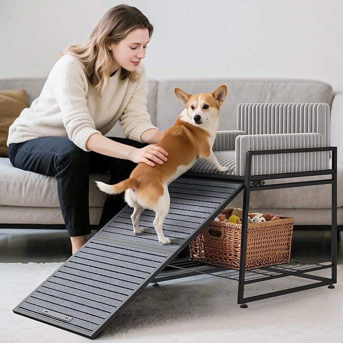Pet Stairs Ramp with Seat,Dog Window Perch with Stairs and Storage,Dog Seat with Ramp Steps,Folding Pet Ramp for Dogs Cats,Bunk Bed Chair with Sofa Cushion for Bed Couch Office,Hold Up to 110 lbs