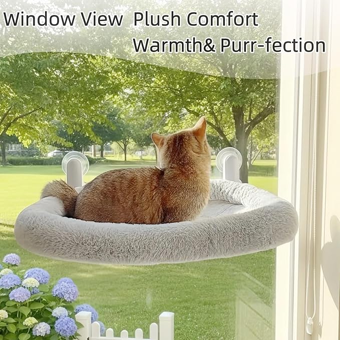 Cat Window Perch with Suction Cups- Cordless,Ultra Soft Machine Washable Bed with 4-Sided Bolster, Strong Hold for Large Cats up to 40lbs Window Hammock for Large Cats and Kittens(Gery,M)