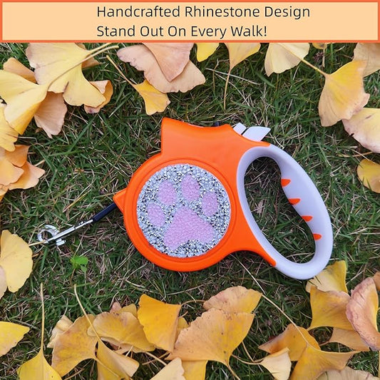 Led Retractable Dog Leash – 16ft Leash with Handcrafted Sparkle Detail Tangle-Free One-Hand Brake Soft Grip Handle for Small & Medium Dogs Up to 77lbs (DL-Orange)