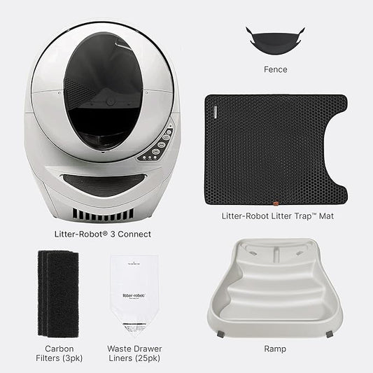 Litter-Robot 3 Connect Core Bundle by Whisker, Beige - Includes Automatic, Self-Cleaning Litter Box, LitterTrap Mat, Fence, Ramp, 25 Liners, 3 Carbon Filters & WhiskerCare 1-Year Warranty
