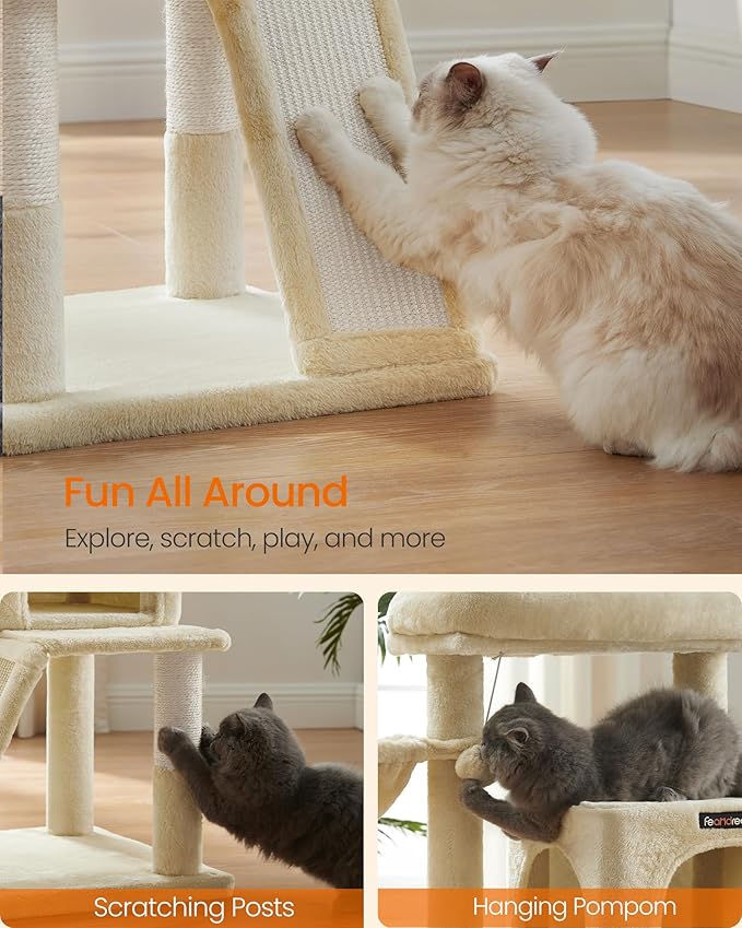 Feandrea Cat Tree, 37.8-Inch Cat Tower, Multi-Level Condo with Widened Perch, Scratching Posts and Ramp, 2-Door Cave, Hammock, Beige UPCT51M