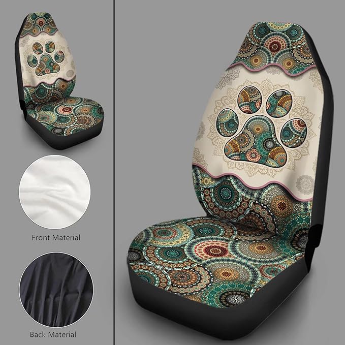 Universal Bucket Seats Cover Protector, 2 PCS Colorful Green Boho Mandala Dog Paw Print Waterproof Durable Auto Interior Accessory for Car Truck SUV