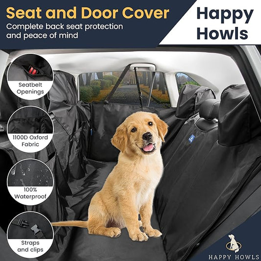 Happy Howls Dog Car Seat Cover - Waterproof Back Seat Cover for Dogs - Headrest & Door Panel Protector - 1100D Fabric with Mesh Window, Zippered Side Flaps, Non-Slip Bottom - 55x67, Universal Fit