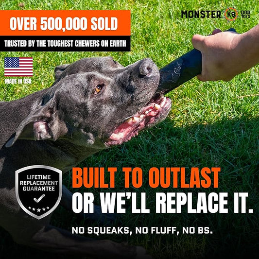 Monster K9 Virtually Indestructible Stick Dog Toy - Lifetime Replacement - Durable for Aggressive Chewers - Safe Non-Toxic Natural Rubber - Chew Tug Fetch - Tough Heavy Duty -, USA Made, 9" x 2"