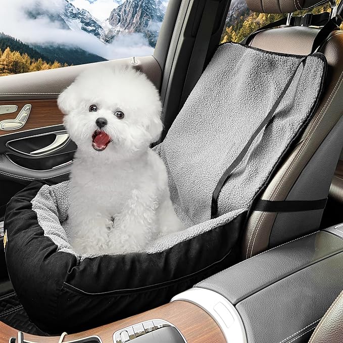 Dog Car Seat for Small Medium Dogs Under 30 lbs, Fully Detachable and Washable Cat Booster Car Seats for Front & Black Seat with Safety Leash Belt (Grey+Black, M)
