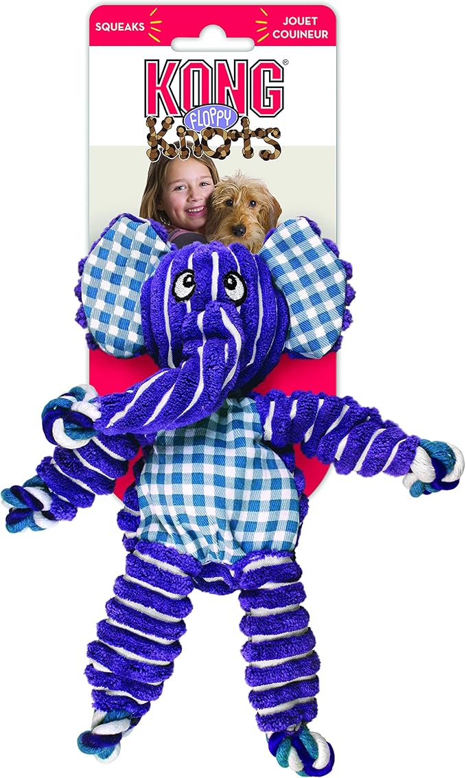 KONG Floppy Knots - Durable No‑Stuffing Squeaky Rope & Plush Dog Toy - for Teething, Playing (Elephant, Small/Medium)