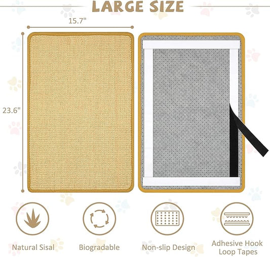 Carpet Cat Scratching Mat Sisal, 2 Packs Sisal Fabric Large 23.6" x 15.7" Scratching Pad for Indoor Cats with Adhesive Hook Loop Tape, Cat Scratching Rug Wall Scratchers for Indoor
