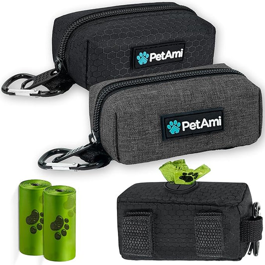 PetAmi Dog Poop Bag Holder & Waste Bag Dispenser with Clip-On Pouch Includes 1 Roll of Pet Waste Bags Portable Dog Walking Accessories for Leash, Belt or Backpack, Black/Gray, 2Pack