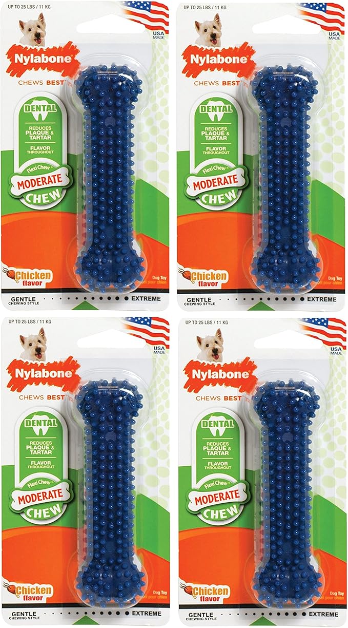Nylabone 4 Pack of Moderate Chew Dental Chew Toys, Regular, Chicken Flavor, Made in The USA for Dogs Up to 25 Pounds