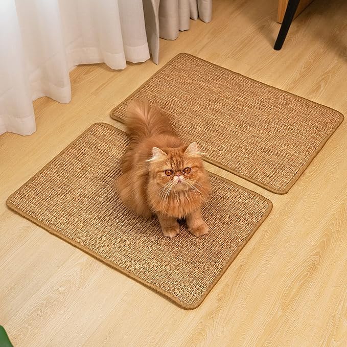 Cat Scratcher Mat,Sisal Cat Scratch Pad with Hook&Loop Tape,Wall Floor Kitten Scratching Pads Rug for Indoor,Furniture Protector for Couch&Carpets&Sofas,Kitty Bithday Gifts,Medium,Brown,2 Pack