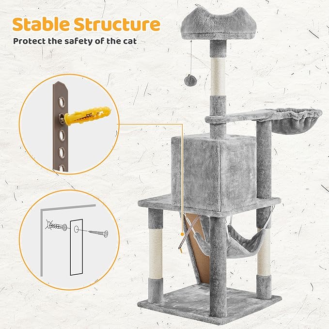 Yaheetech | 54in Cat Tree | Multi-Level Cat Tower w/Spacious Perch, Cozy Condo and Hammock, 3 Scratching Posts, Interactive Toy | Sturdy Pet Furniture | for Indoor Kittens to Large Cats | Light Gray