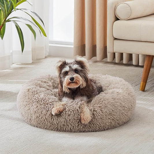 Calming Dog Bed & Cat Bed, Anti-Anxiety Donut Cuddler Warming Cozy Soft Round Bed, Fluffy Faux Fur Plush Cushion Bed for Small Medium Dogs and Cats (20"/24"/27"/30")