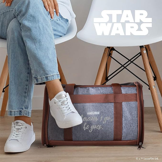Star Wars for Pets The Mandalorian Soft Pet Carrier “Wherever I go, he goes” Gray & Brown | for Pets 15 x 9 x 9 Dog Travel Bag| Luggage Carrier for Dogs, Fits Under Plane Seat (FF19733)