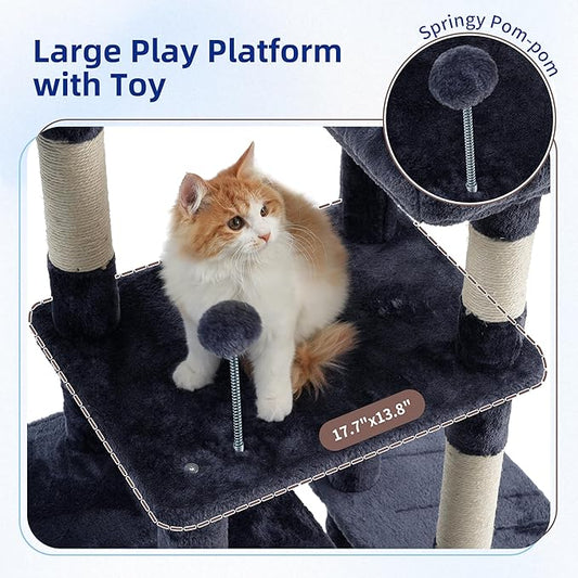 Cat Tree for Indoor Cats, 55.1 inch Cat Tower with 7 Sisal Scratching Posts, Multi-level Cat Condo wit Large Play Platform Furry Ball, Cat Cave, 2 Padded Perches, Basket, Smoky Gray GCT013G