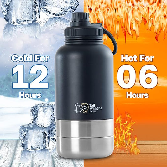 32oz 3-in-1 Portable Travel Water Bottle, Food & Hydration Bottle - Dual Use for Humans & Pets with Detachable Bowls, Stainless Steel, Keeps Water Hot for 6hrs & Cold for 12hrs
