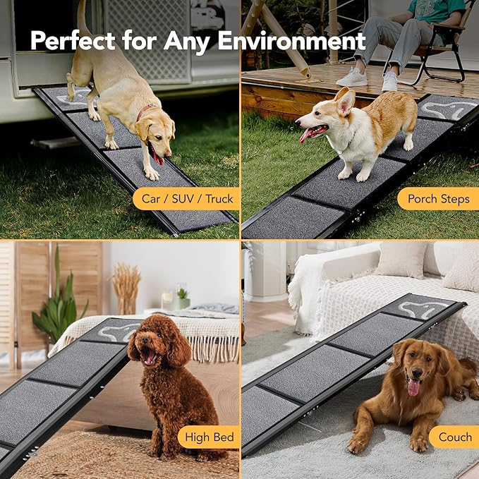 PetThem Dog Ramp for Car 71'' X-Long & 17.2" Wide Folding Dog Ramps for Large Dogs with Non-Slip Rug Surface Portable Dog Car Ramp for SUV Car & Truck, Outdoor Dog Ramp Up to 250 LBS