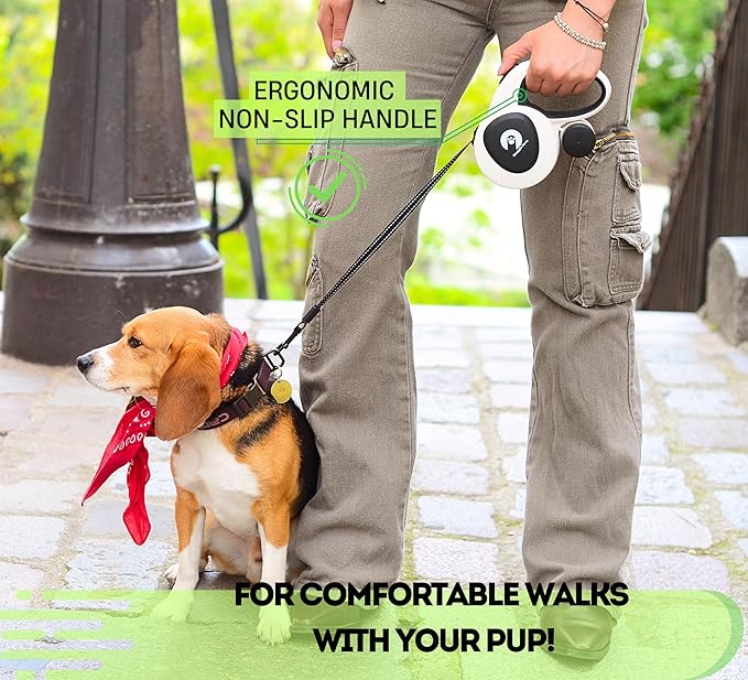 Snuggle Paws Retractable Dog Leash 16ft – Heavy Duty All-in-One Dog Leash with LED Flashlight, Poop Bag Holder, Chew Proof Steel Cable & Reflective Tape – Size L
