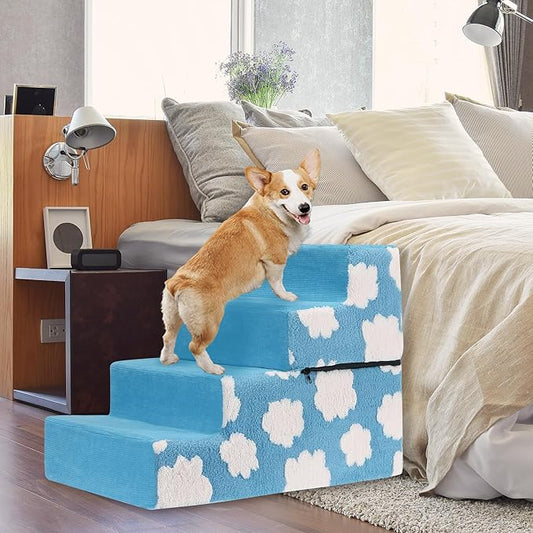 Pet Stairs for Small Dog Stairs for Sofa and Bed High Density Foam Stairs Pet Ladder with Removable Washable Cover Non-Slip Base(4 Steps Blue)