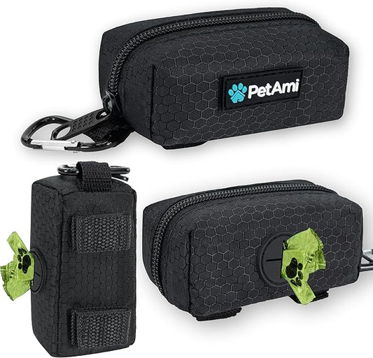 PetAmi Dog Poop Bag Holder & Waste Bag Dispenser with Clip-On Pouch Includes 1 Roll of Pet Waste Bags Portable Dog Walking Accessories for Leash, Belt or Backpack, Black