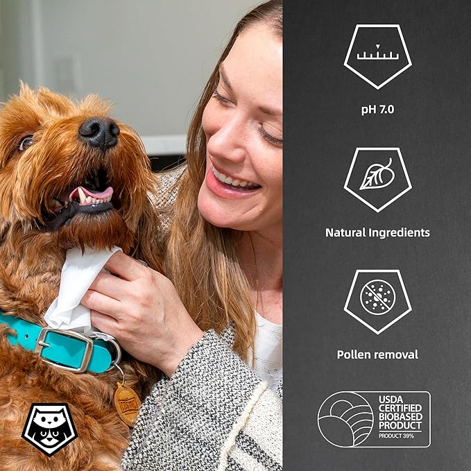 Plant-Based Dog Wipes – Extra Thick, Large, Hypoallergenic, Fragrance-Free Grooming Wipes for Paws & Coats, 60 Count