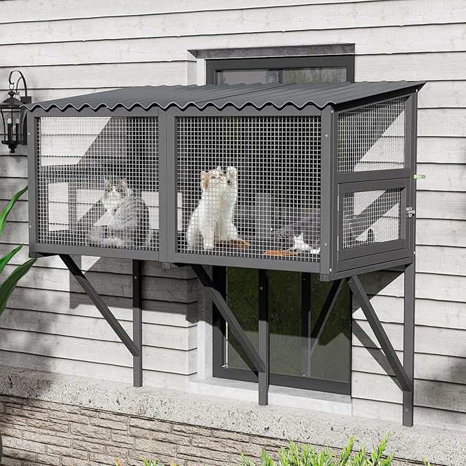 MAGIC UNION Cat Catio, Cat Windows Perch for Large Indoor Cats - Expandable Wooden Windows Box Enclosure, Waterproof Window Hammock for Safely Enjoying The Outdoor Sights (Black, 82.6" L)