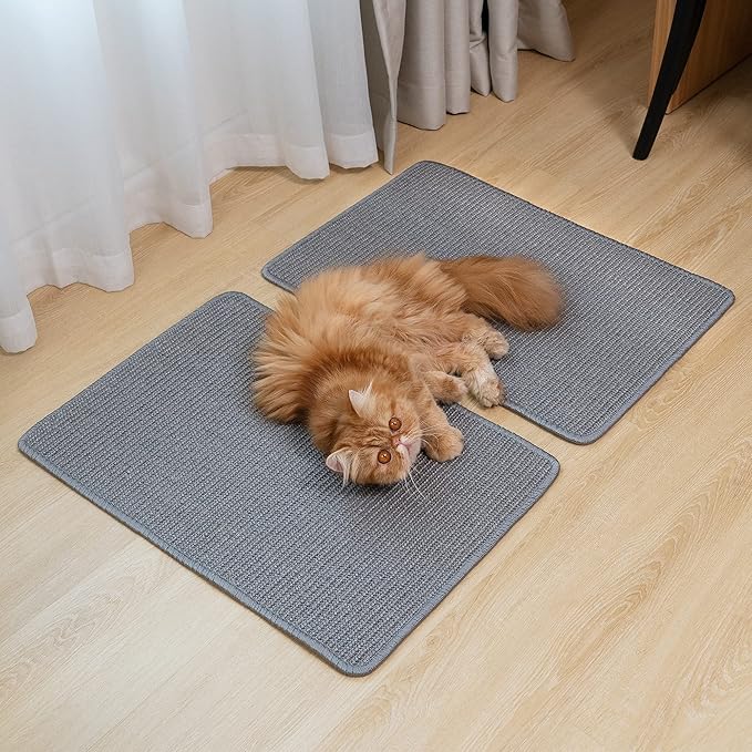 Cat Scratcher Mat,Natural Sisal Cat Scratch Pad with Hook&Loop Tape,Horizontal Floor Kitty Scratching Pads Rug for Indoor,Cat Furniture Protector for Couch&Carpets&Sofas, Medium, Grey, 2 Pack