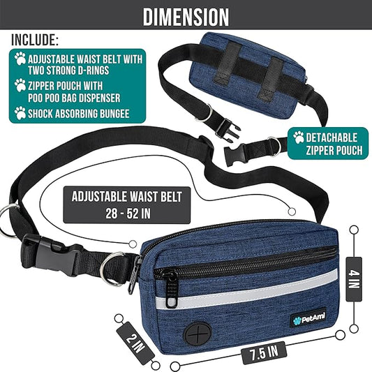 PetAmi Hands Free Dog Leash, Dog Running Leash Belt for Walking Jogging, Dog Waist Zipper Pouch Fanny Pack with Poop Bag Dispenser, Dual Padded Handle Bungee Leash for Small Medium Large Dogs, Single