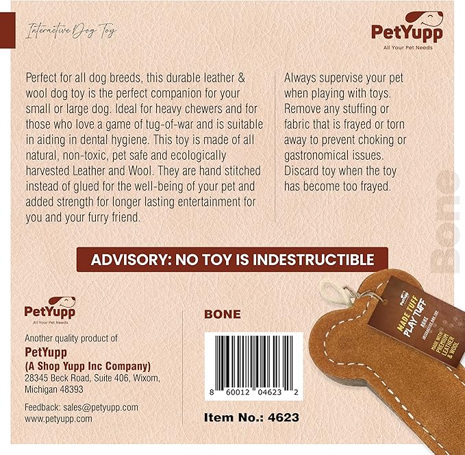 Bone Leather Dog Toy for Aggressive Chewers - Extra Thick Wool, Stitched & Real Leather Dog Toy for Small, Medium & Large Dogs - Durable & Safe Chew Toys for Puppies