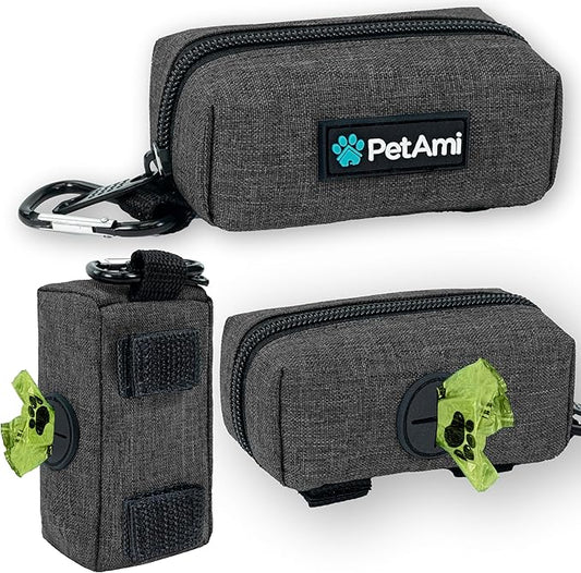 PetAmi Dog Poop Bag Holder & Waste Bag Dispenser with Clip-On Pouch Includes 1 Roll of Pet Waste Bags Portable Dog Walking Accessories for Leash, Belt or Backpack, Gray