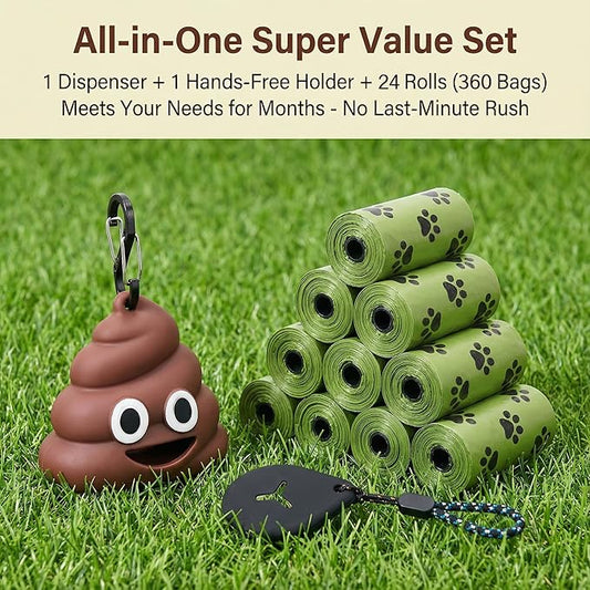 QMEAKMONY Dog Poop Bag Set with Funny 3D Poop Dispenser - 360 Bags (24 Rolls, 15 pcs/Roll), Scented Odor-Neutralizing, Hands-Free holder for Leash/Backpack, Meets Months of Use. (360 Counts)