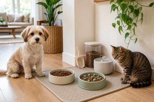 Pet Mealtime Setup Guide: Bowls, Slow Feeders, Water Fountains and Feeding Mats