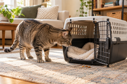Relaxed tabby cat exploring an open carrier with familiar bedding